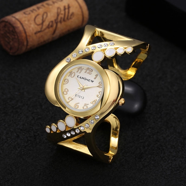 

WAT1140 Women Bangle Wristwatch Quartz Crystal Rhinestone Watch(Gold)