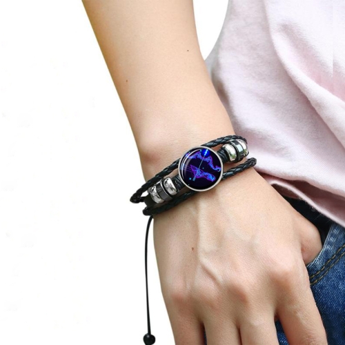 

12 Constellation Black Braided Leather Glass Dome Punk Men Bracelet(Sagittarius)