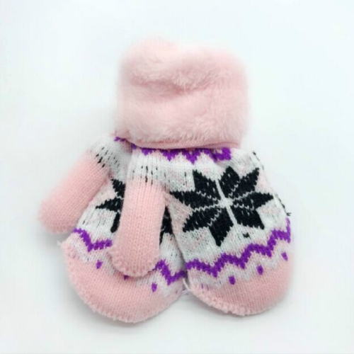 

Winter Children Snowflake Pattern Plus Velvet Thick Warm Knitted Wool Mittens, One Pair(Pink)