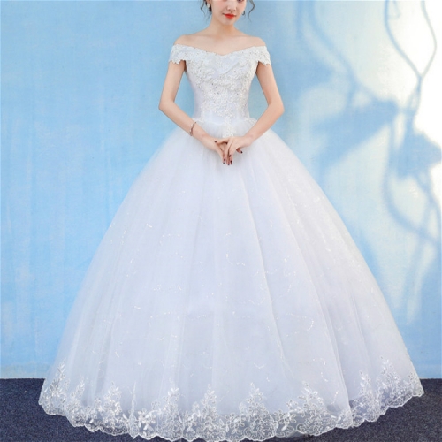 

Retro Elegant Off Shoulder LaceThin Court Neat Princess Wedding Dress, Size:XL(White)