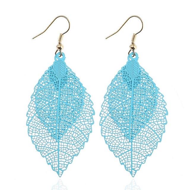 

Double-layered Leaves Tassel Earrings Simple Retro Metal Leaf-ears Ornaments(Blue)