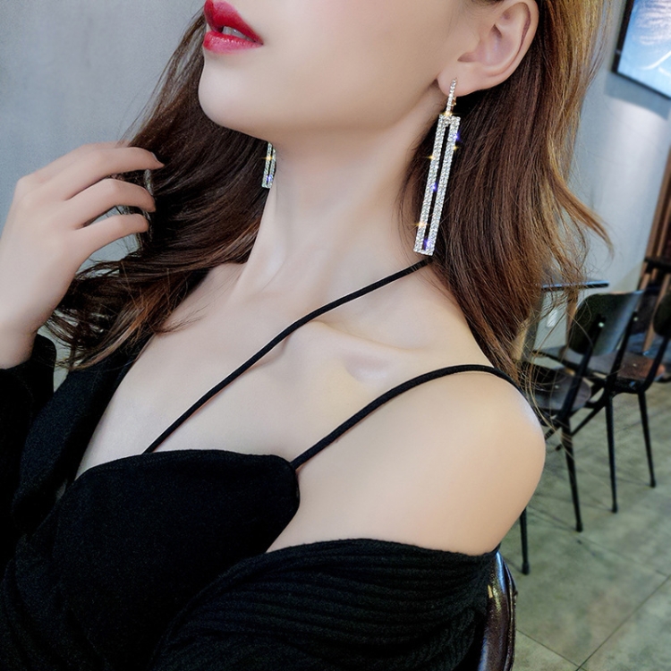 

Fashion Long Geometric Drop Earrings Luxury Gold Silver Color Rectangle Rhinestone Earring(Silver)