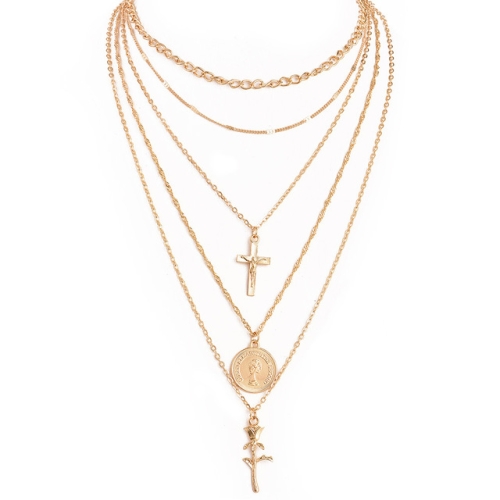 

Fashion Multiple Layers Cross Rose Necklaces for Women Charm Necklace(Gold)