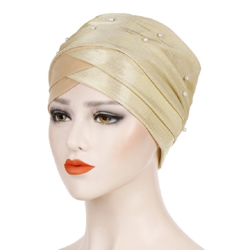 

2 PCS Women Beaded Two-color Turban Hat Bright Silk Cloth Hooded Cap(Beige )