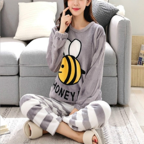 

Women pajamas set Thick Flannel Cute Female Warm Winter Pajama Set, Size:M(Grey)