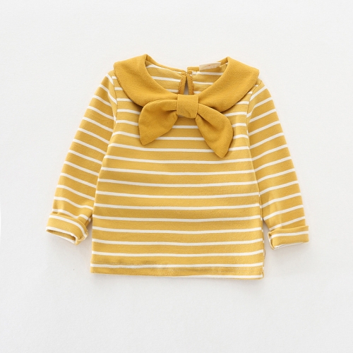 

Girl Soft Cotton Long Sleeve Striped Bow Bottoming Shirt, Height:120cm(Yellow)
