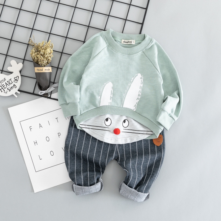 

Autumn Activity Casual Cartoon Bunny Long-sleeved Top + Vertical Striped Pants Children Clothes Set, Size:110cm(Grey Green)