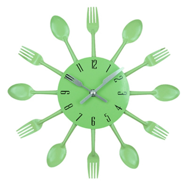 

Cutlery Metal Kitchen Wall Clock Spoon Fork Creative Quartz Wall Mounted Clocks Modern Design Decorative Horloge Green