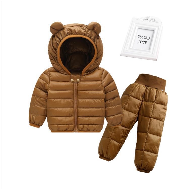 

2 in 1 Children Winter Warm Down Pants + Bear Ear Shape Hooded Zipper Jacket Set, Size: 110cm(Brown)