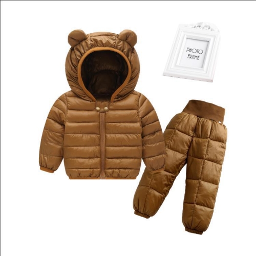 

2 in 1 Children Winter Warm Down Pants + Bear Ear Shape Hooded Zipper Jacket Set, Size: 120cm(Brown)