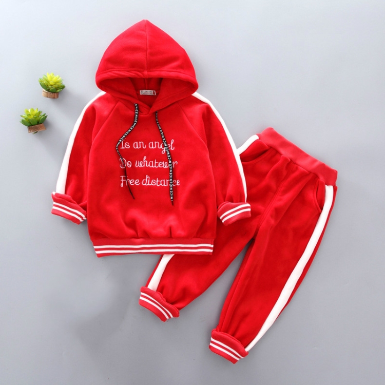

Autumn Winter Baby Casual Letter Hooded Thicken Double Sided Velvet Sports Set, Size:100cm(Red)