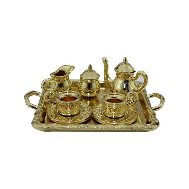 

3 Sets Doll House Mini Cutlery Metal Tea Set Teapot Cup Plate(Gold)