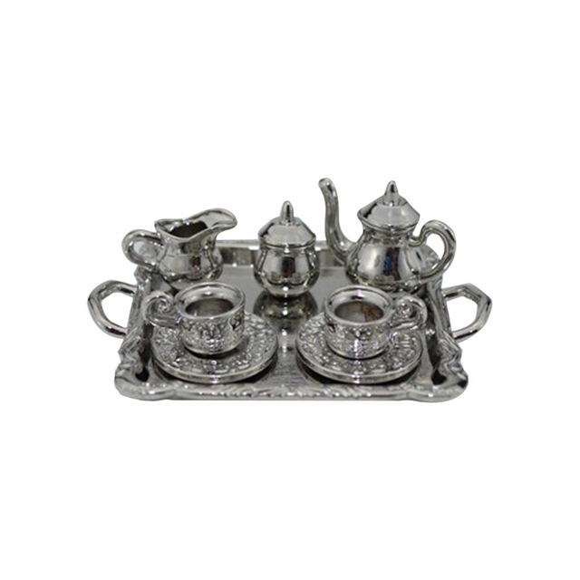 

3 Sets Doll House Mini Cutlery Metal Tea Set Teapot Cup Plate(Silver)