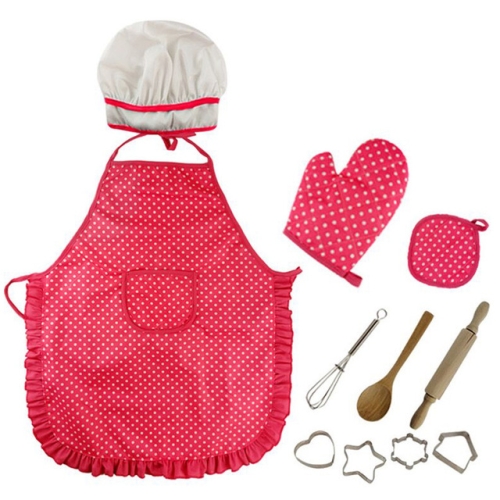 

3 PCS Chef Kitchen Baking Tools Apron Girl Toy Set Kindergarten Stage Photography Play Costume Props(Red chef apron)