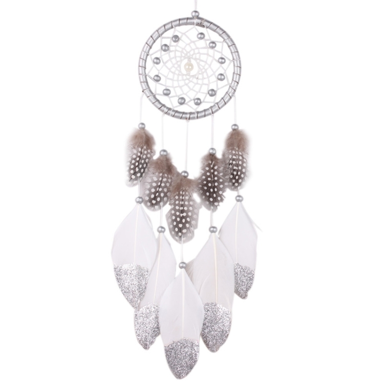 

White Dream Catcher Wall Car Hanging Decoration Silver Feather Core Bead Handmade Dreamcatcher