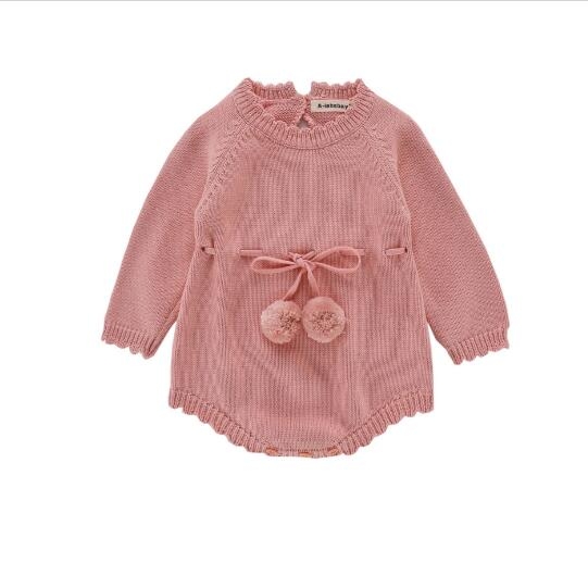 

Autumn Female Babies Long-sleeved Knitted Wool Jumpsuit Ribbon Romper, Size:66cm(Pink)