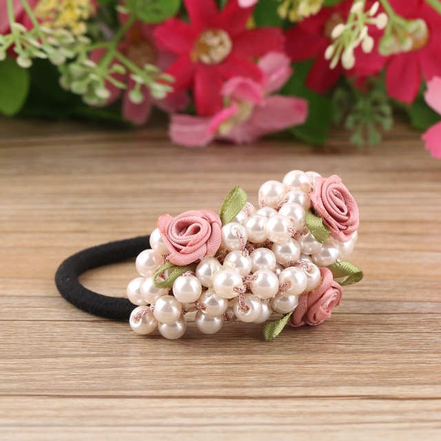 

Fashion Women Flower Beaded Pearl Headband Rubber Elastic Hair Bands Girls Ponytail Holder Hair Accessories(Pink)