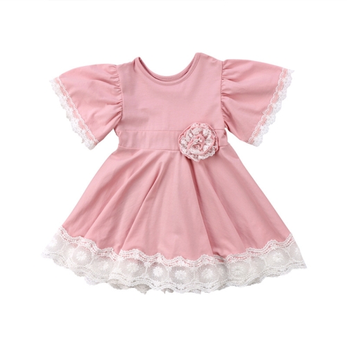 

Girls Lace Princess Dress Trumpet Sleeve Three-dimensional Flower Dress, Kid size:80cm(Pink)