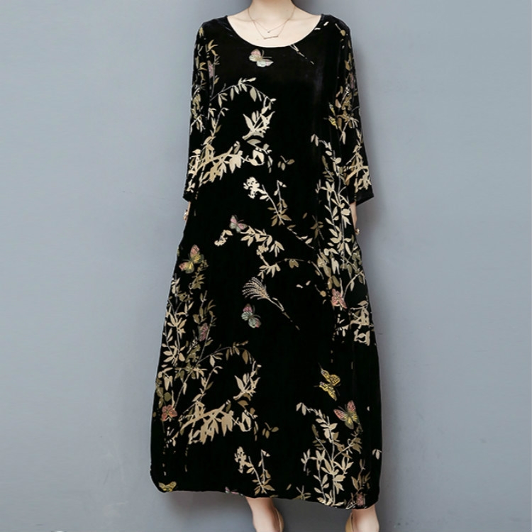 

Cropped Sleeve Round Neck Long Dress Gold Velvet Loose Skirt, Size:XXL(Black)