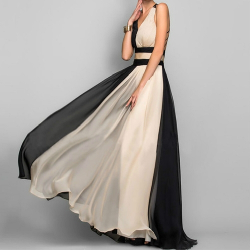 

V-neck Sleeveless Color Stitching Slim Dress Long Evening Dress, Size:L(Black)