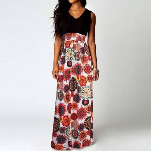 

Deep V-neck Sleeveless Print Long Slim Dress, Size:S(Circle)