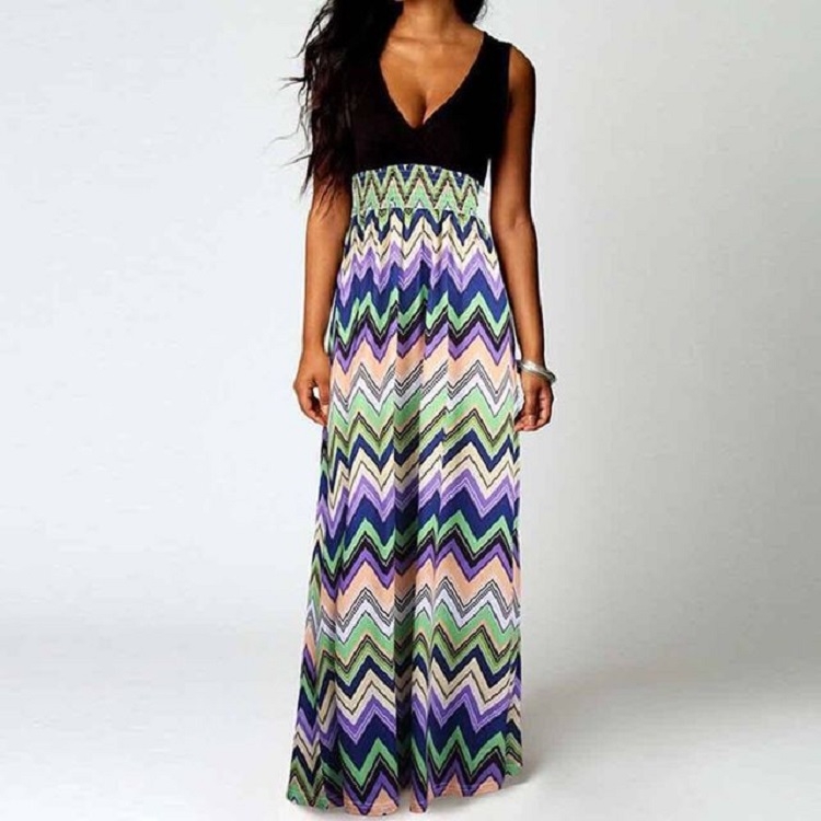 

Deep V-neck Sleeveless Print Long Slim Dress, Size:2XL(Wave)