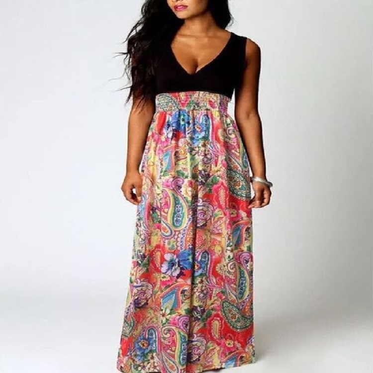 

Deep V-neck Sleeveless Print Long Slim Dress, Size:3XL(Orange)