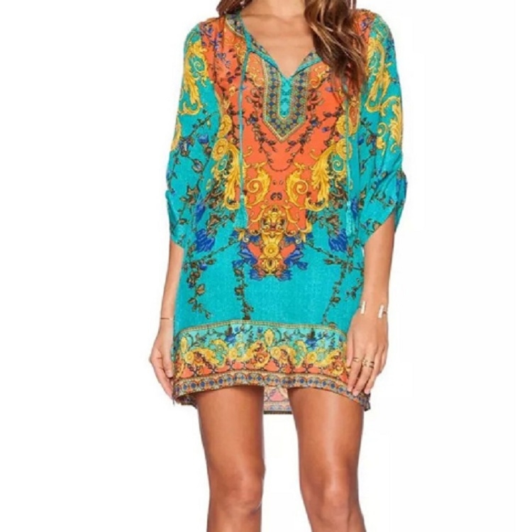 

Summer Ethnic Style Women's Contrast Ribbon Streamer Printed Chiffon Dress, Size:XL(Green)