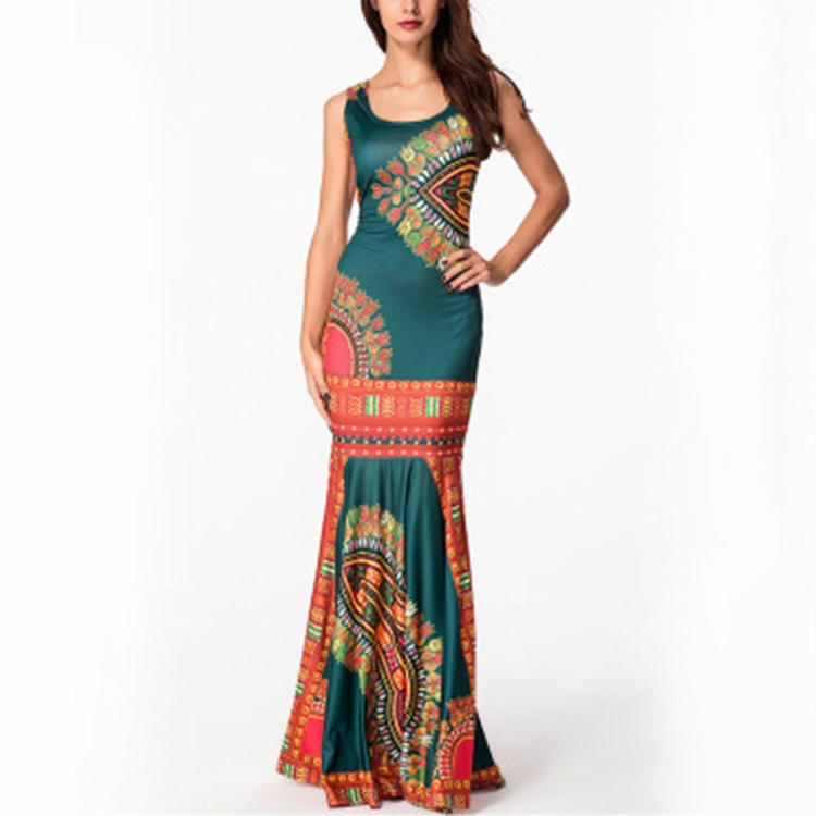 

Printed Round Neck Long Sleeveless Slim Dress Beach Skirt, Size:XL(Green)