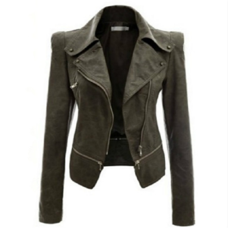 

Autumn and Winter Women Motorcycle Jacket Zipper Two Wear Leather, Size:M(Light Green)