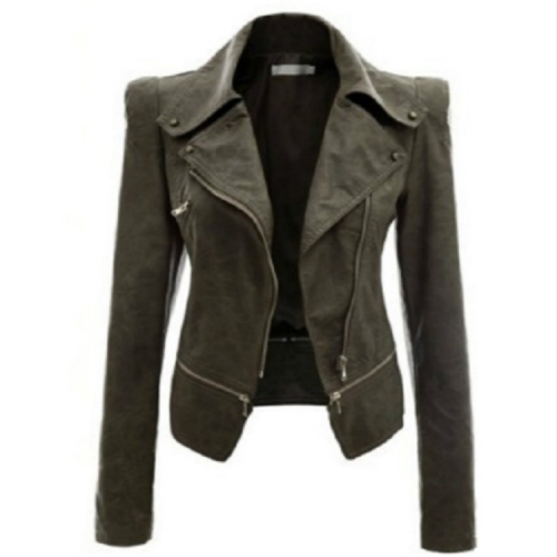 

Autumn and Winter Women Motorcycle Jacket Zipper Two Wear Leather, Size:L(Light Green)