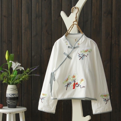 

2 PCS National Wind Retro Plate Buttons Stand Collar Loose Cotton Embroidered Costume Han Clothing for Women, Size:M(White)