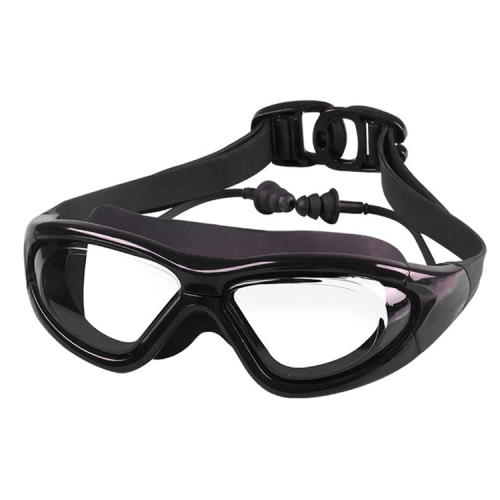 

J8150 Eye Protection Flat Light Adult waterproof Anti-fog Big Frame Swimming Goggles with Earplugs(Transparent Black)