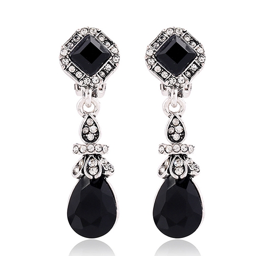 

Elegant Resin Rhinestone Vintage Bohemia Style WaterDrop Clip Earrings Without Piercing Long for Women(Black)