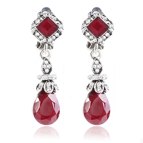 

Elegant Resin Rhinestone Vintage Bohemia Style WaterDrop Clip Earrings Without Piercing Long for Women(Red)