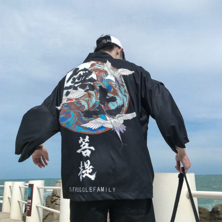 

Men Thin Section Three-quarter Sleeve Kimono Sun Protection Clothing Loose Cardigan Coat, Size:M(Black)