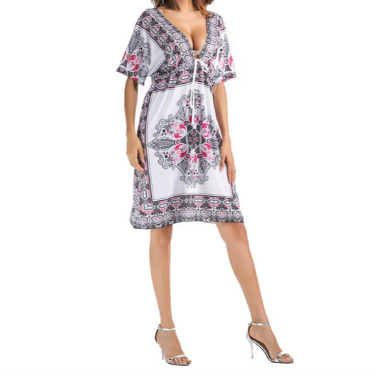 

Women V-neck Milk Silk Bohemian Print Long Skirt Beach Dress, Size:One Size(White)