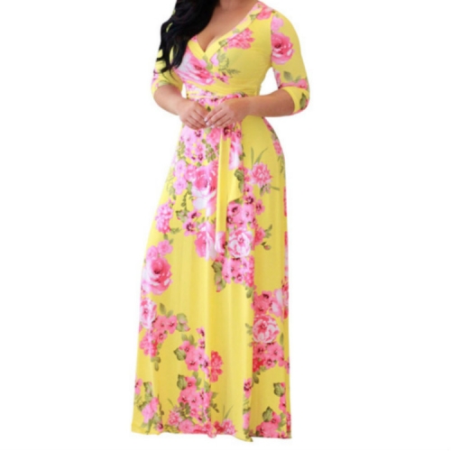 

Digital Print V-neck Large Hem Dress, Size:M(Yellow)