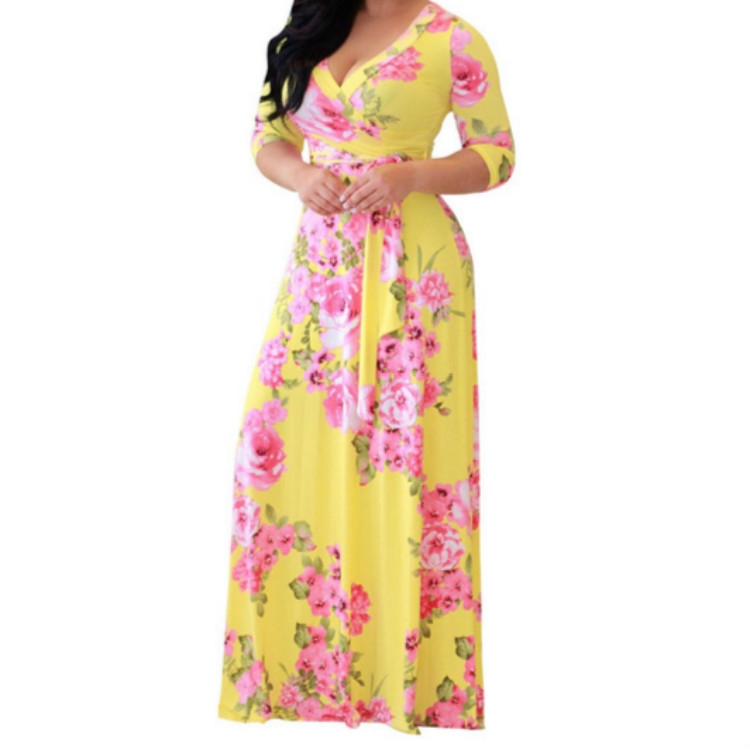 

Digital Print V-neck Large Hem Dress, Size:L(Yellow)