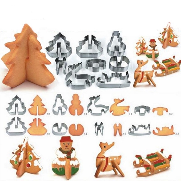 

5 PCS 8 in 1 Stainless Steel Biscuit Molds 3D Christmas Three-Dimensional Cookie Printing Cake Mold(0PP bag packaging)