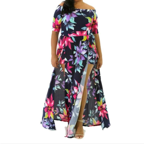 

Digital Printed One-piece Split Dress, Size:5XL(Navy Blue)