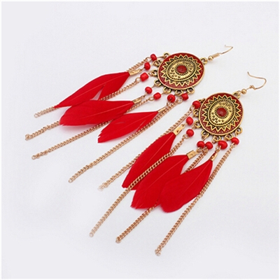 

Vintage Ethnic Style Feather Chain Tassel Earrings jewelry(Red)