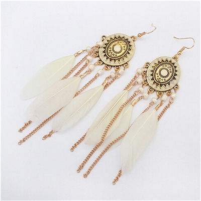 

Vintage Ethnic Style Feather Chain Tassel Earrings jewelry(White)