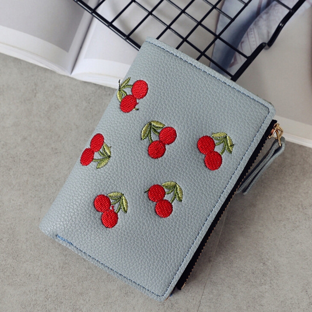 

PU Leather Cherry Embroidery Coin Purse Card Holders(Grey blue)
