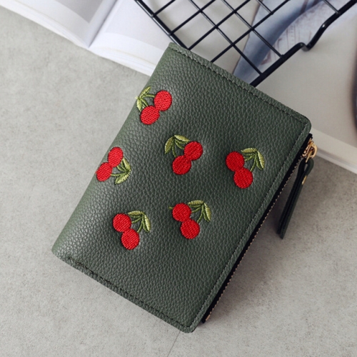 

PU Leather Cherry Embroidery Coin Purse Card Holders(Dark green)