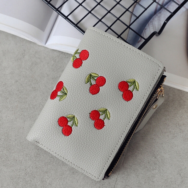

PU Leather Cherry Embroidery Coin Purse Card Holders(Gray)