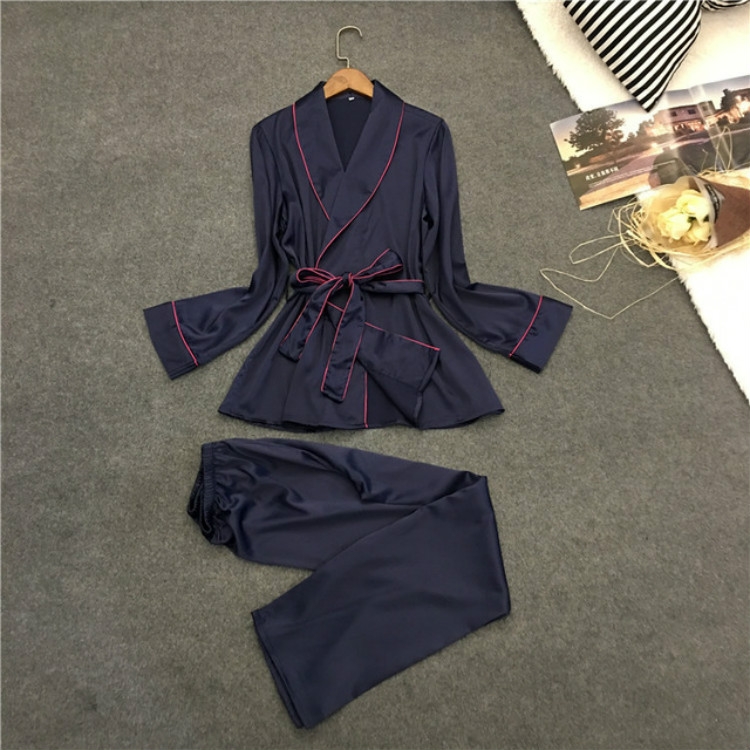 

Bathrobe Pajamas Imitation Silk Pajamas Lapel Casual Silk Home Wear, Size:XL(Blue)