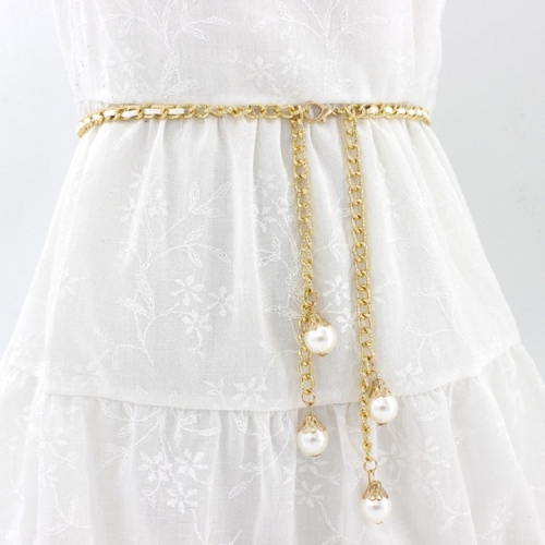 

Women Pearl-embellished Thin Metal Waist Chain Belt, Length:120cm(White)