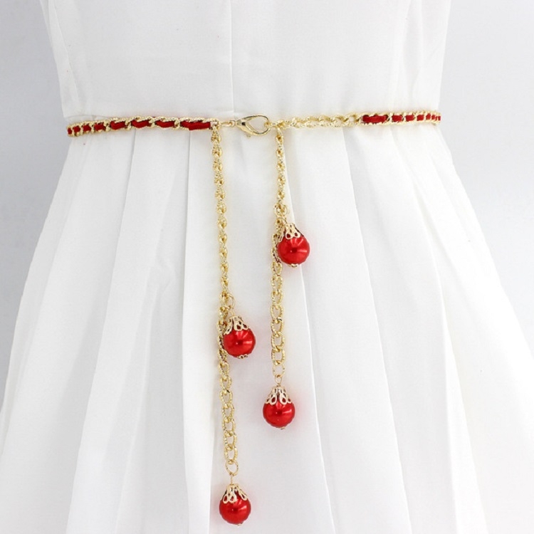 

Women Pearl-embellished Thin Metal Waist Chain Belt, Length:135cm(Red)