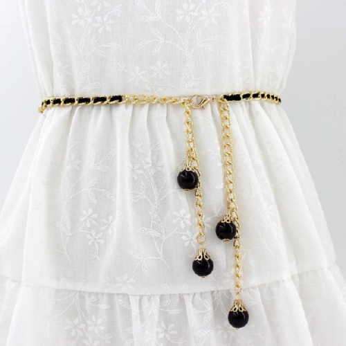 

Women Pearl-embellished Thin Metal Waist Chain Belt, Length:135cm(Black)